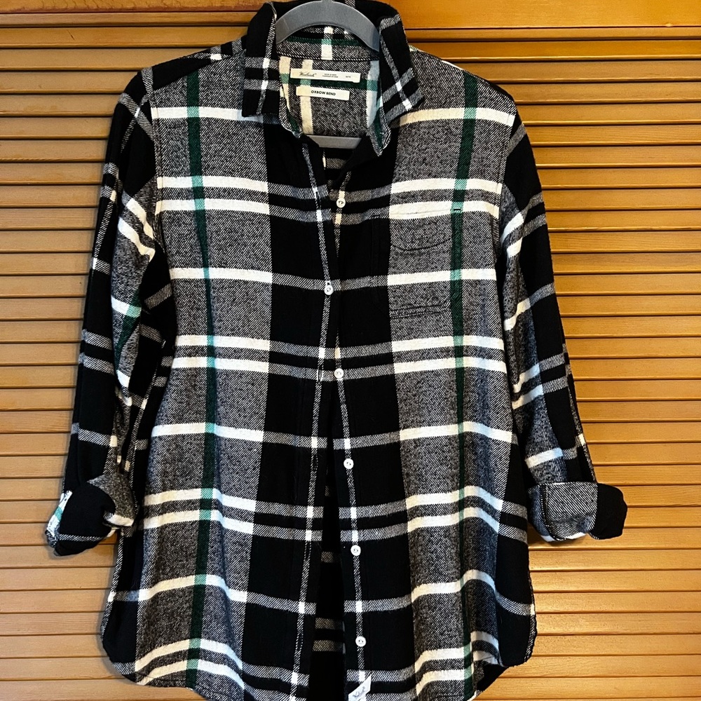 Woolrich Black and White Plaid Shirt with Green Accents